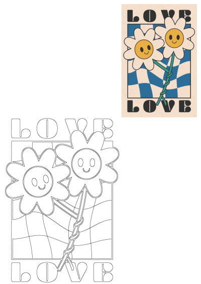 A groovy illustration with two cute smiling daisy flower faces and 'LOVE' lettering on a blue checkerboard background.