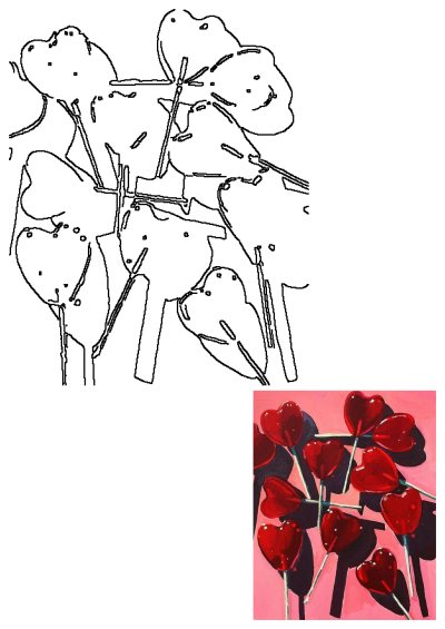 A vibrant painting featuring glossy red heart-shaped lollipops, casting shadows on a bright pink background, symbolizing love and sweetness.