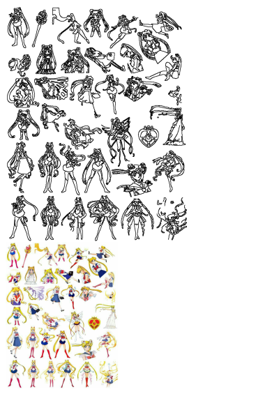 A vibrant collage featuring numerous Sailor Moon characters in dynamic outlines and colorful illustrations, ready for action.