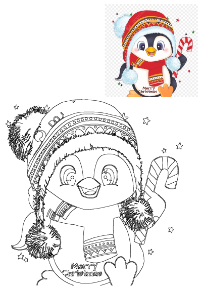 An adorable outline drawing of a penguin wearing a Santa hat and festive scarf, holding a candy cane and wishing 'Merry Christmas'.