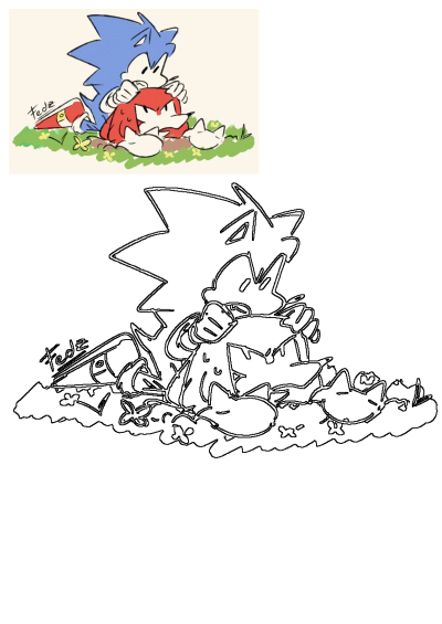 Cute cartoon art of Sonic the Hedgehog playfully hugging Knuckles the Echidna, lying on green grass with small flowers.