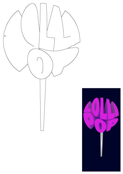 Vibrant pink 3D 'LOLLY POP' text forming a lollipop with a white stick, displayed next to its black outline vector design.