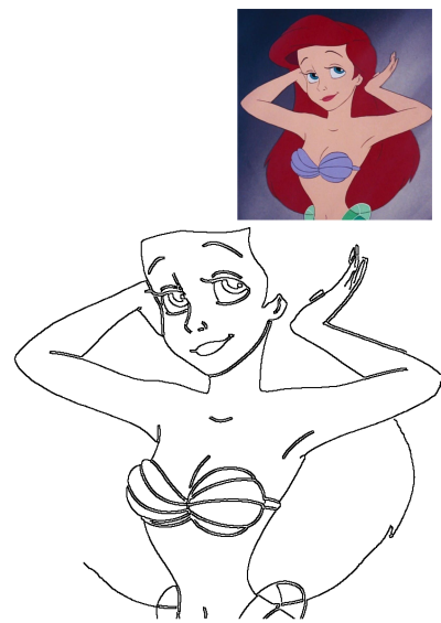 Ariel, the classic Disney character from The Little Mermaid, in an iconic portrait pose, featured with a detailed outline drawing.