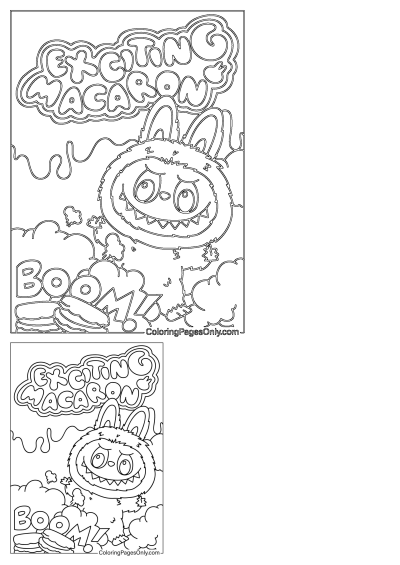 Outline of an exciting macaron monster with a wide, toothy grin, surrounded by puff clouds, delicious macarons, and a 'BOOM!' text.