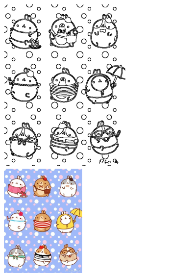 Cute Cartoon Animals Blue Background Molang Kawaii Illustration featuring both colorful characters and black outline art.