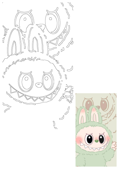 An outline of a fluffy, cute green monster bunny cartoon character, featuring big round eyes, expressive face, and pointy teeth.