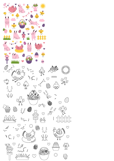 Vibrant pattern of cute cartoon Easter bunnies, chicks, and a hen with decorative eggs, baskets, and spring elements. Includes black-and-white outlines.