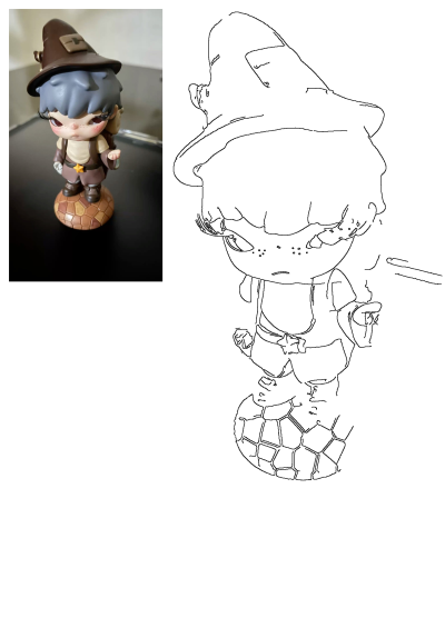 A cute wanderer figurine with a brown hat, grey hair, and a gold star on its belt, standing on a cobblestone base on a black table.