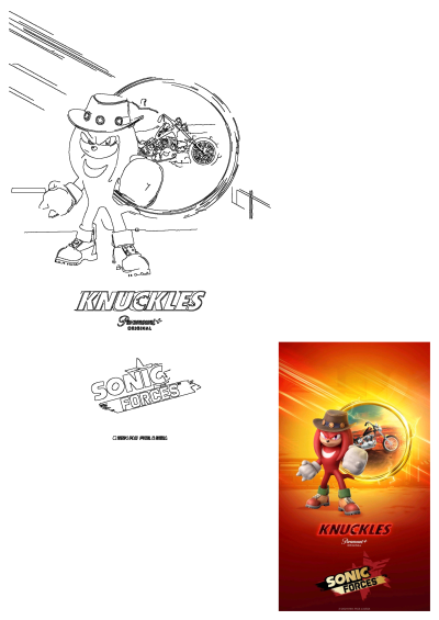 Knuckles from Sonic, in a cowboy hat with a motorcycle, advertising the Paramount+ Original series and Sonic Forces.