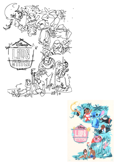 Disney's Lilo & Stitch movie poster art featuring Lilo, Stitch, Nani, David, Jumba, and Pleakley amidst tropical foliage.