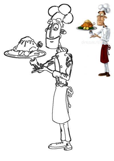 A cartoon chef in uniform serves a roasted chicken platter, alongside an outline illustration of the character, suitable for restaurant designs.