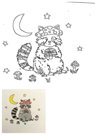 Cute forest creature artwork: a raccoon in a mushroom hat, holding a mushroom, under a moon and stars. Includes outline and colored art.