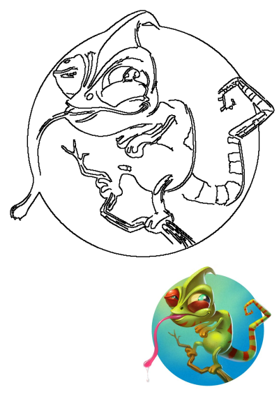 Vibrant green cartoon chameleon with big eyes and a long pink tongue out, dripping, perched on a branch.