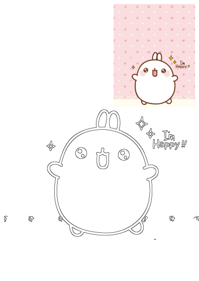 Cute happy cartoon character with 'I'm Happy!!' on a pink floral background, accompanied by its black and white outline.