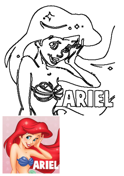 A cheerful portrait of Disney's Ariel, the Little Mermaid, with red hair and seashell top, alongside a black outline version for fans.