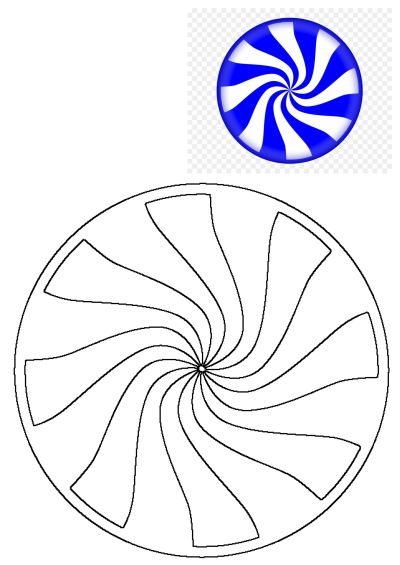 A vivid blue and white swirl button design and its corresponding black outline template for crafts, art, or coloring activities.