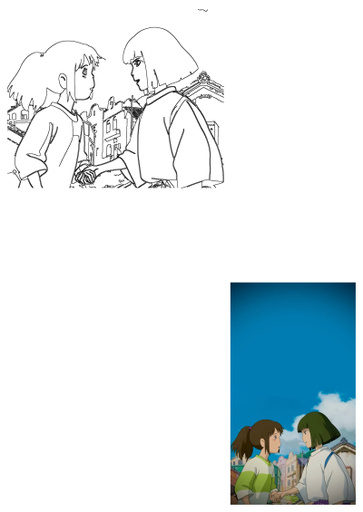 Chihiro and Haku from Spirited Away hold hands and gaze at each other, depicted in both a colored scene and an outline drawing.