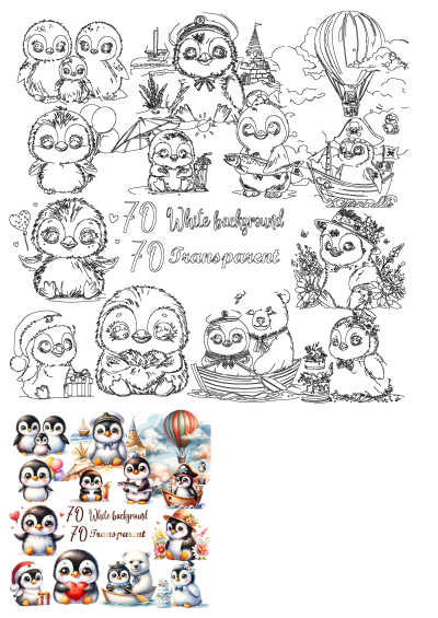 Cute Valentine penguins clipart, dressed up with hearts, in diverse themes like sailor, pirate, and Santa. Includes outlines and colored graphics.