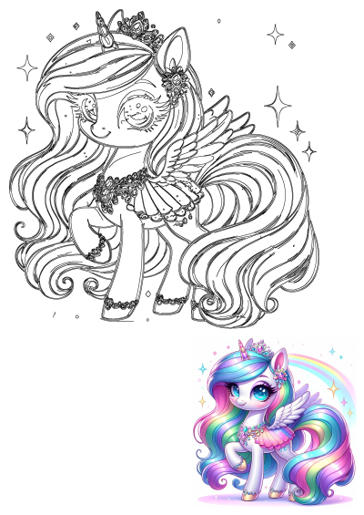 Outline drawing and vibrant image of a magical winged unicorn with flowing rainbow hair, a crown, and a sparkling dress.