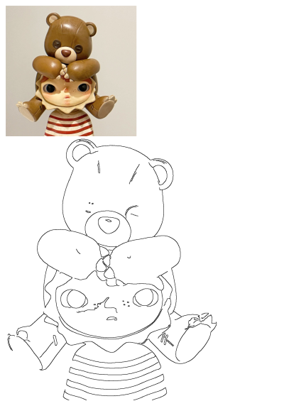 Anime Doll Aesthetic Art Brown Teddy Bear figurine. A cute collectible doll with big eyes and freckles, wearing a striped top, and a brown teddy bear covering its eyes.