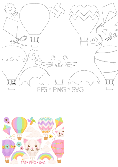 Colorful air balloons, cute cat face, kites, flowers, rainbow, and pinwheel design set. Features vibrant colored graphics and matching outlines.