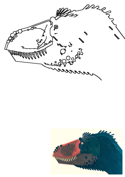 Dinosaur head drawing illustration featuring an aggressive open mouth with sharp teeth, depicted in striking black and white line art.