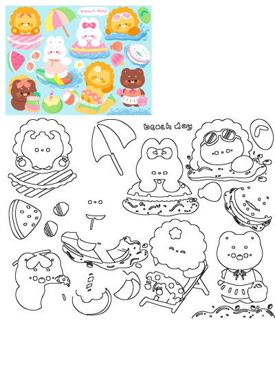 Cute cartoon animals on a beach day with umbrellas and summer items, featuring both a colorful illustration and outlines.