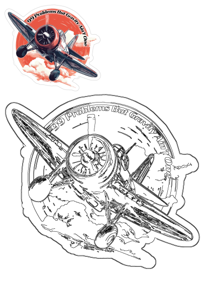 An illustration of a vintage airplane flying through red clouds. Features the quote '99 Problems But Gravity Ain't One'.