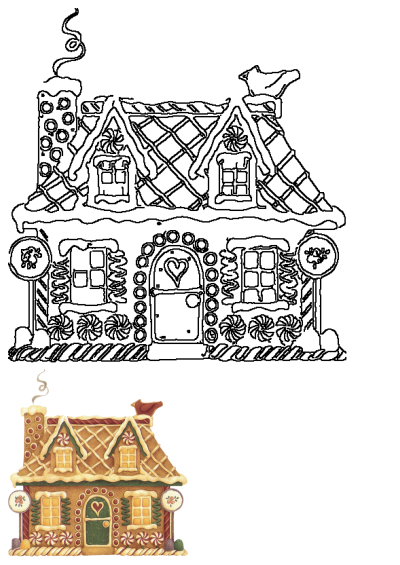 An intricate line drawing of a Christmas gingerbread house, complete with icing, candy decorations, a welcoming heart door, and a small bird.