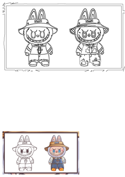 Black and white outline of two cartoon rabbits wearing hats and overalls, perfect for coloring. A vibrant colored example is also included.