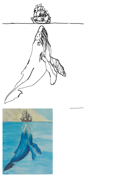 Majestic whale breaching the ocean surface towards a sailing ship, depicted as both a line drawing and a watercolor painting.
