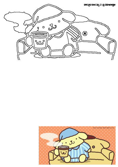 Sanrio's Pompompurin in blue pajamas, relaxing on a yellow couch, holding a steaming cup of coffee. Illustration with outline.