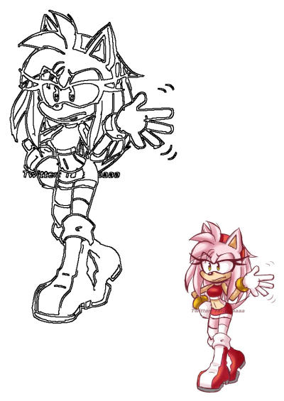 Amy Rose Sonic fanart featuring a dynamic full-body pose. Includes both a detailed black-and-white line art and a vibrant colored illustration.