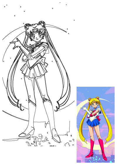 An anime illustration and outline drawing of Sailor Moon with long blonde hair, set against a cityscape with a crescent moon.