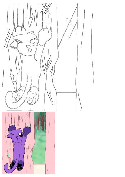 A mischievous purple cat hangs upside down, playfully scratching pink curtains by a window, a charming scene to love.