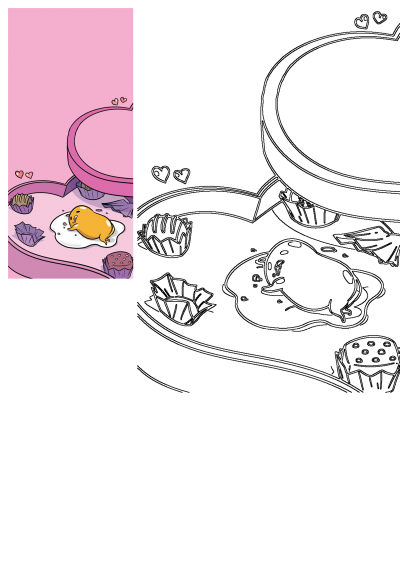 Lazy Gudetama egg lounges in a pink heart-shaped Valentine's Day box, surrounded by delicious chocolates.