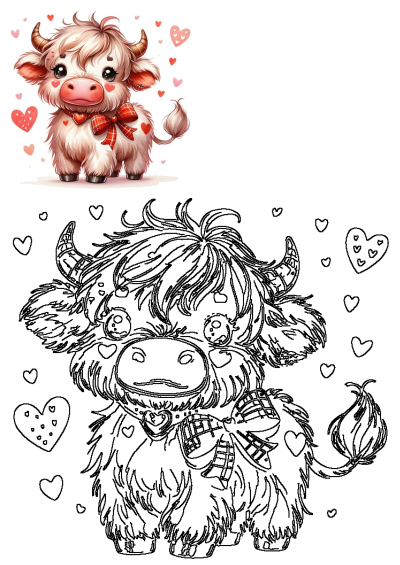 Adorable fluffy cartoon cow in a Valentine's Day theme with hearts, a red bow, and its accompanying line art.