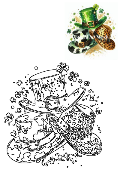 Vibrant and outline St. Patricks Day shamrock hats: green with sparkle, cow print, and leopard print for festive celebration.