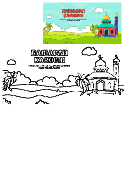 A vibrant Ramadan Kareem cartoon featuring a colorful mosque, palm trees, and a green landscape under a blue sky.