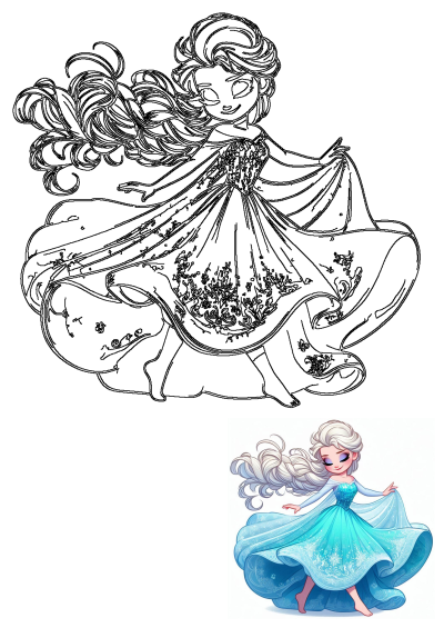 A charming line art of Elsa in her flowing blue dress with beautiful blonde hair flying, accompanied by a vibrant color reference.