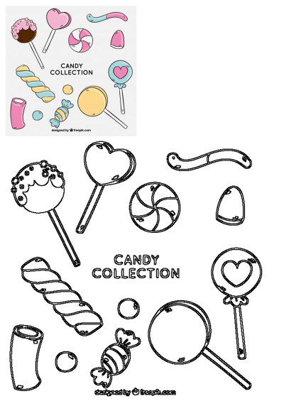 Colorful hand-drawn candy collection featuring lollipops, swirl candies, and sweets. Includes black outline versions for versatile design.