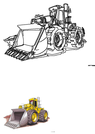 Detailed yellow wheel loader drawing showing a powerful piece of construction equipment with a large front bucket for heavy tasks.