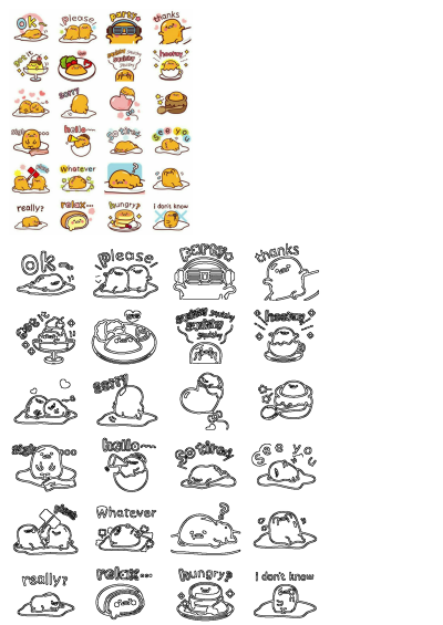 A vibrant collection of Gudetama Lazy Egg stickers for cellphones, featuring cute expressions, poses, and messages in both color and outline styles.