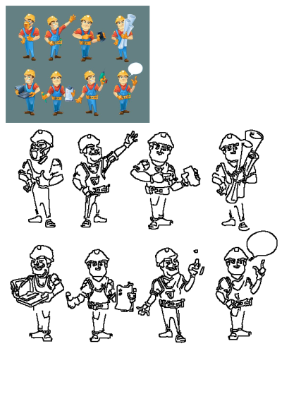 A set of cartoon construction worker characters in various poses and gestures, holding different tools like a hammer, blueprints, and drill.