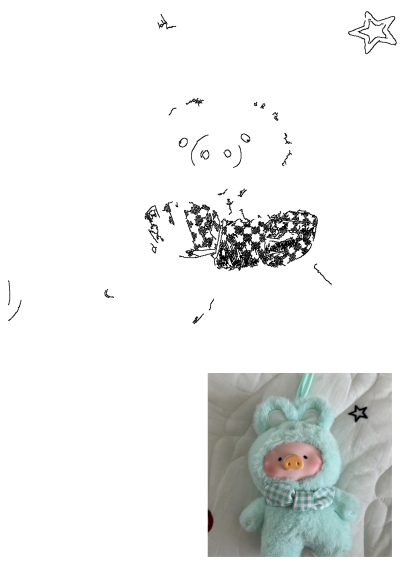 Depop unisex mint green plush pig bunny figure. This cute fluffy pig toy wears a bunny costume with a plaid bow, on a white quilted surface.