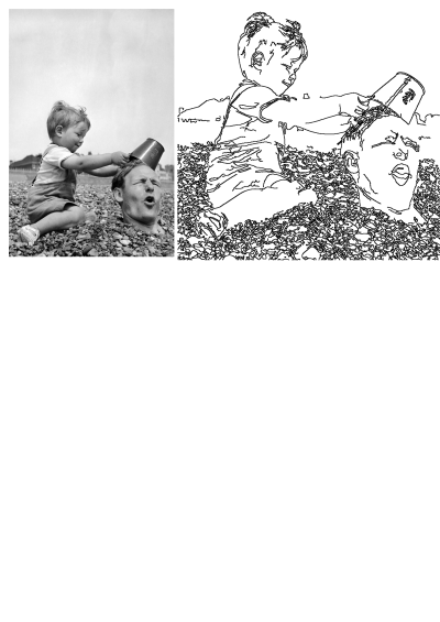 A black and white photo captures a toddler playfully pouring pebbles from a bucket onto an adult's buried head at the beach.