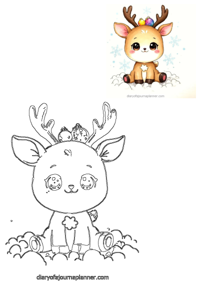Adorable baby Christmas reindeer illustration with colorful ornaments on antlers and snowflakes, presented alongside a black and white outline.
