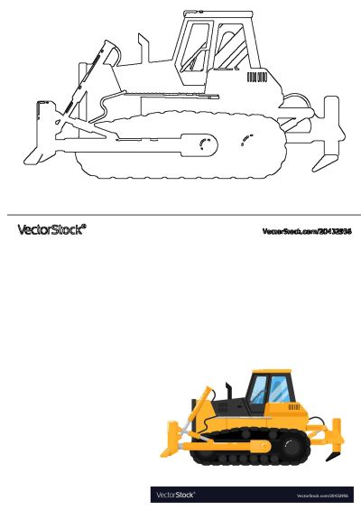 Yellow bulldozer construction vehicle illustration featuring a vibrant flat design and a corresponding black outline drawing.