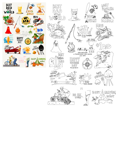 Happy Fathers Day sticker illustrations featuring diverse dad activities like sports, fixing, cooking, camping, hiking, and father-child moments.