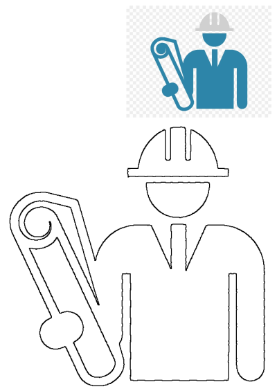 A stylized icon and line art outline of a construction worker or engineer in a hard hat holding a blueprint, transparent background.